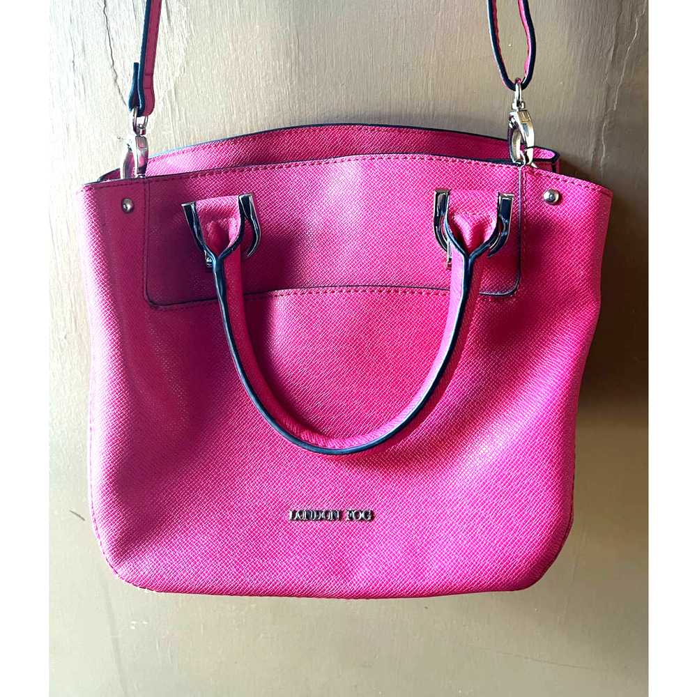 London Fog Bright Pink Easter Satchel Purse Leather Adj Strap Crossbody Bag